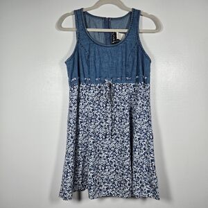 Vintage 90s Y2K All That Jazz Denim Ditsy Floral Sleeveless Dress Size 9/10